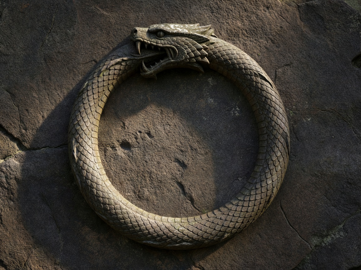 A carved serpent devouring its own tail, representing the ouroboros myth symbol