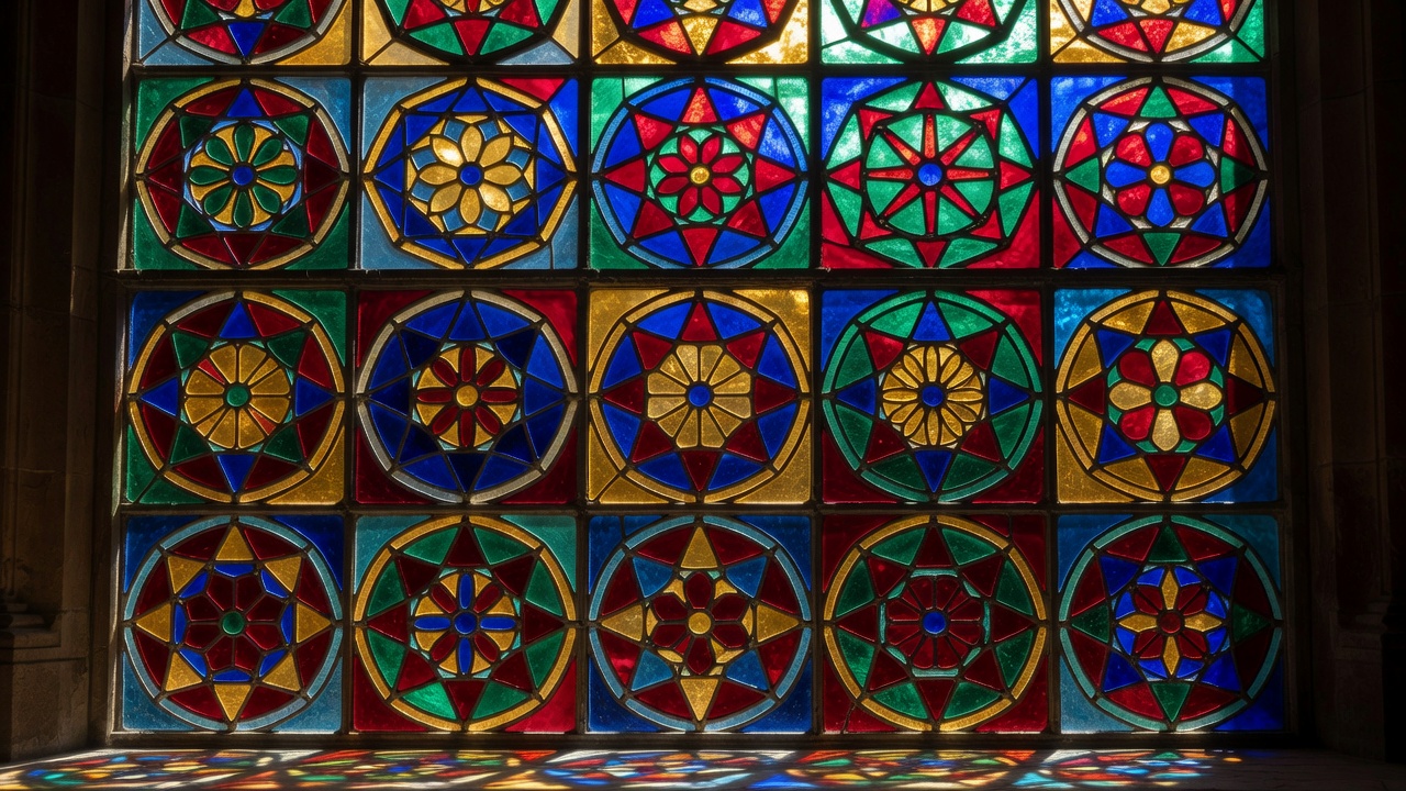 A collection of geometric religious motifs arranged like a stained glass composition