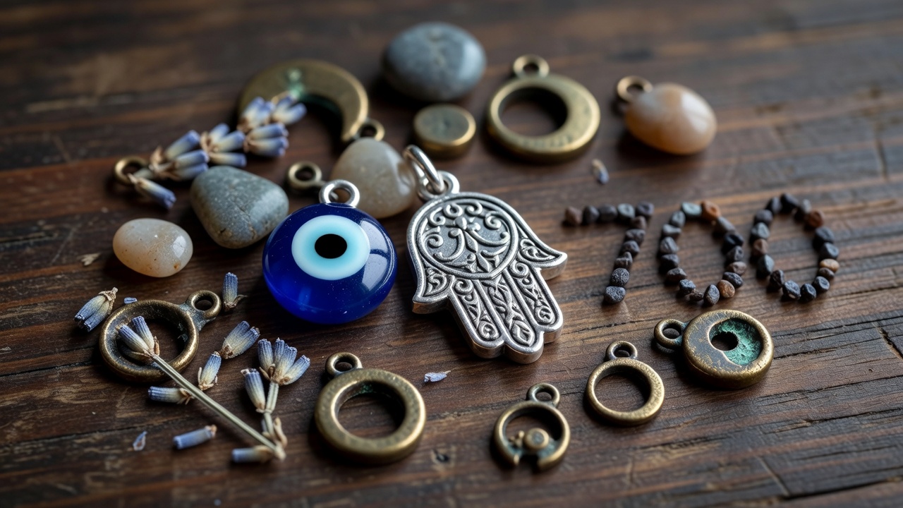 A collection of small protective charms including a blue evil eye bead and a silver hamsa hand pendant