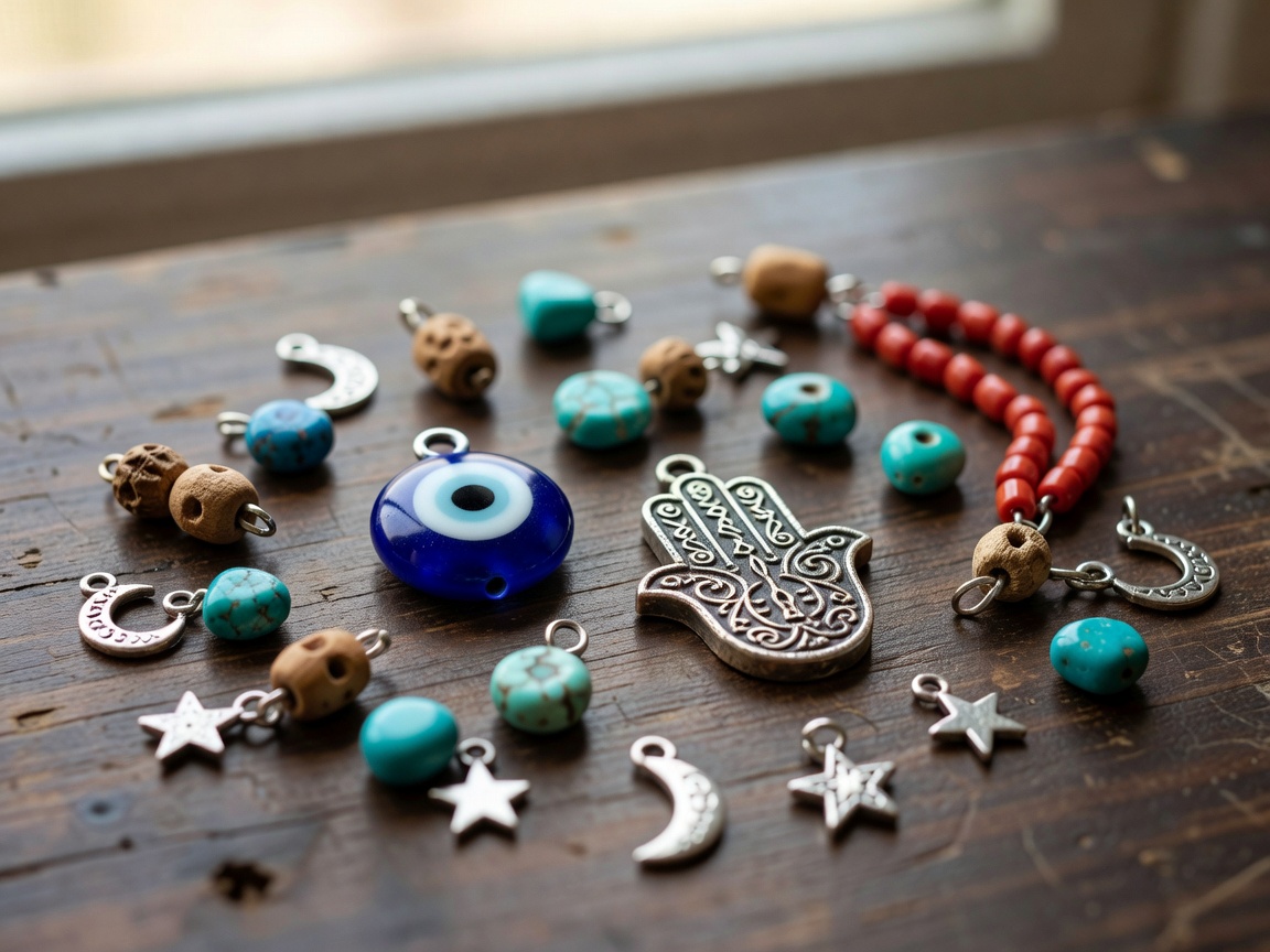 A collection of small protective charms including an evil eye bead and a hamsa hand