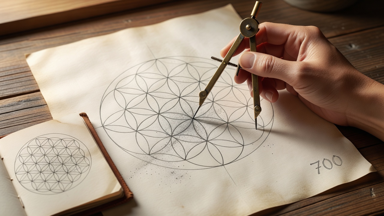 A hand compass drawing overlapping circles to construct a geometric sacred pattern
