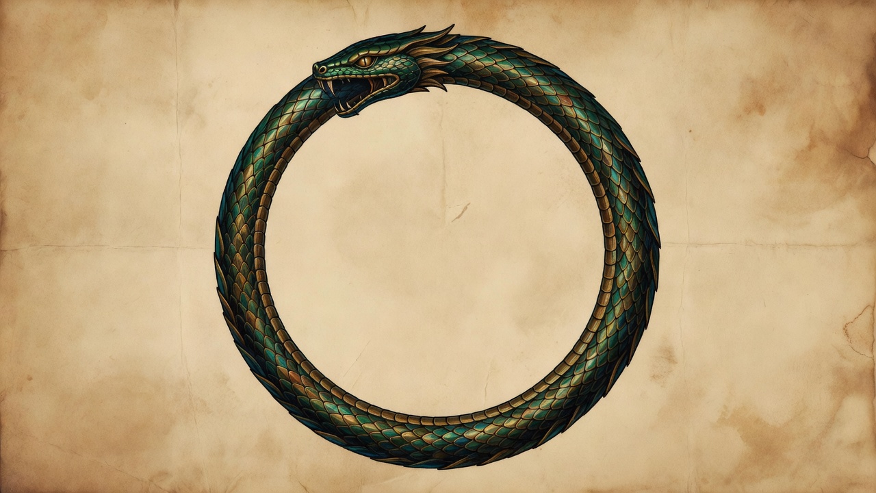 An illustration of a serpent forming a circle by biting its own tail, the ouroboros symbol