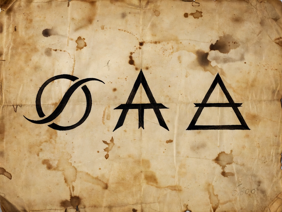 Hand drawn alchemical glyphs for mercury sulfur and salt on aged parchment