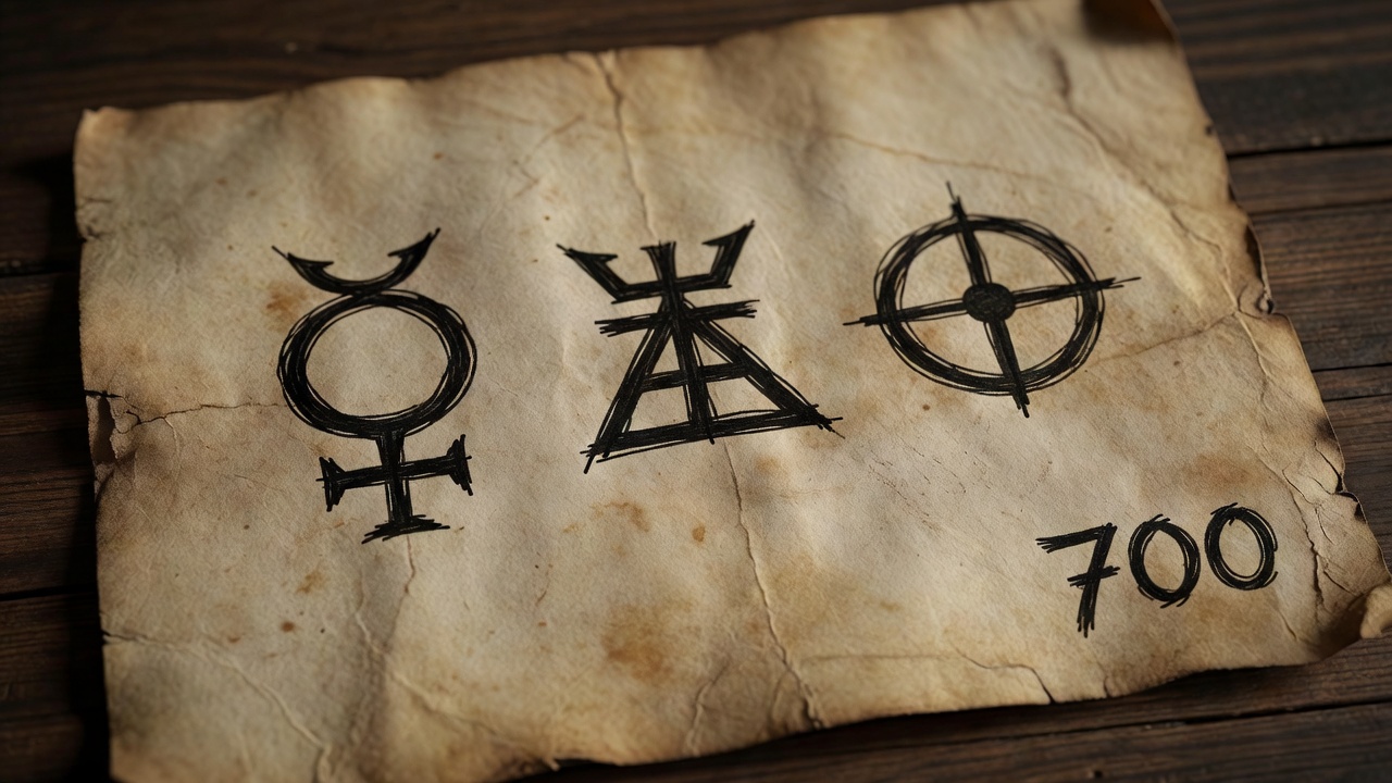 Hand drawn alchemical glyphs for mercury sulfur and salt sketched on aged parchment